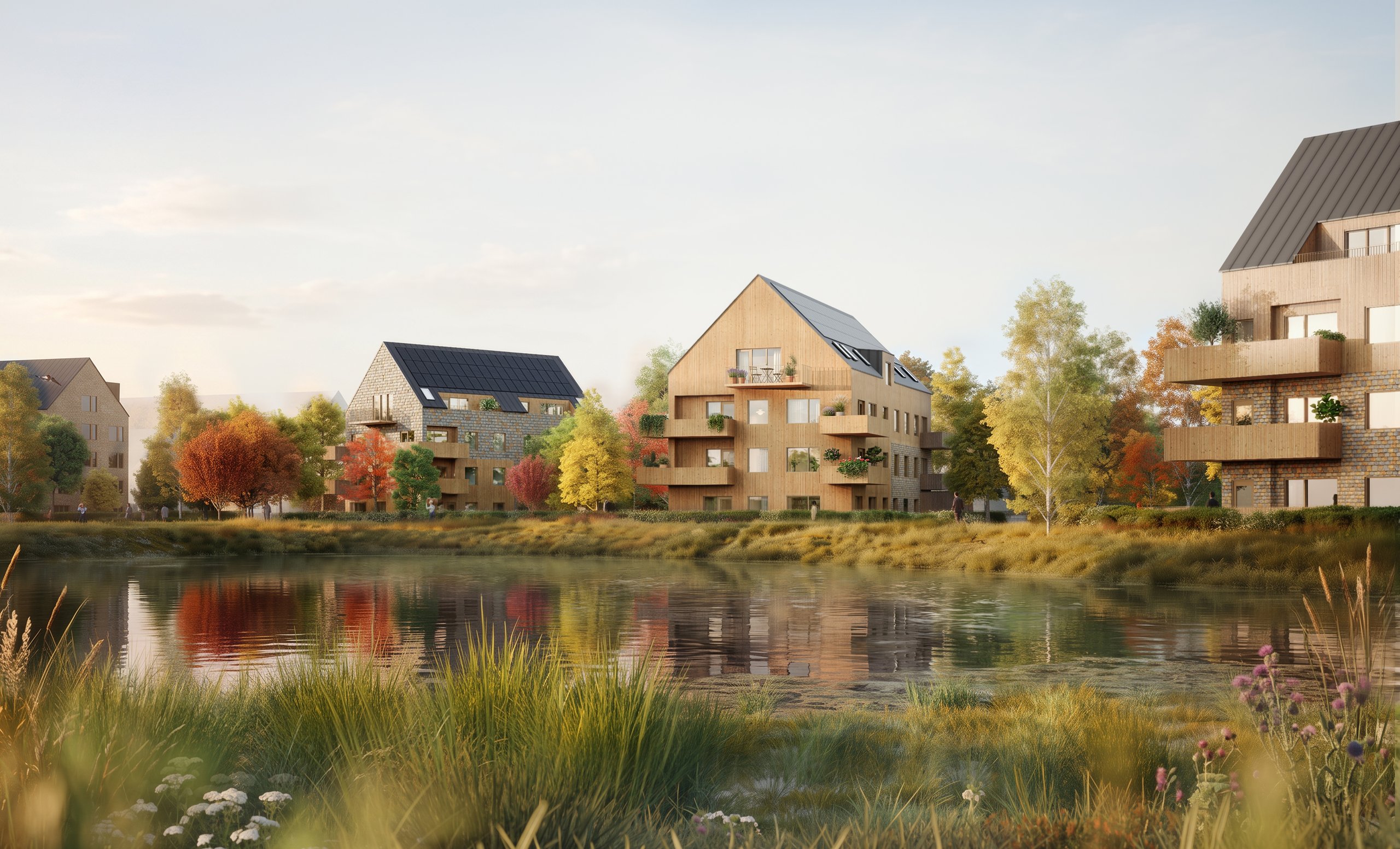 Modern homes with solar-panel roofs line an autumn-colored pond.