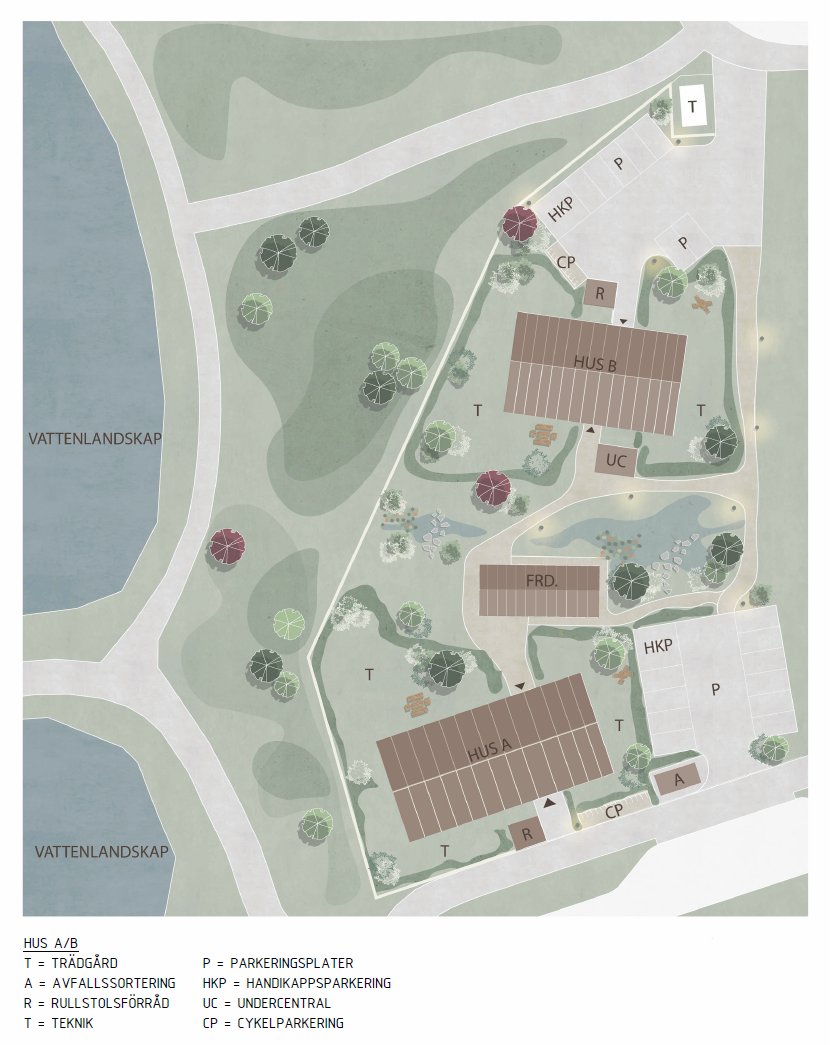 Site plan showing two buildings, landscaped grounds, parking areas, paths, and adjacent water.