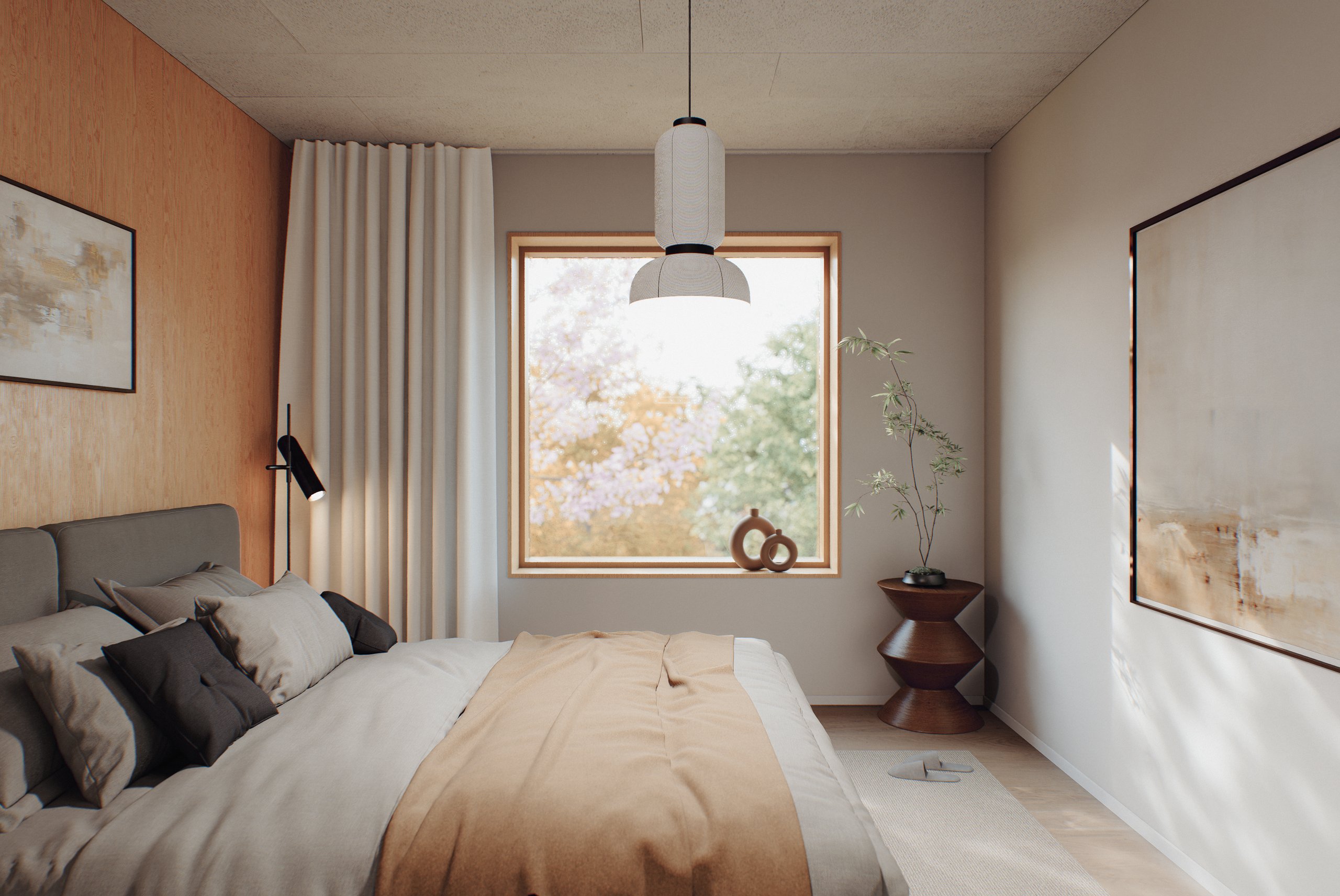 Modern bedroom with a large bed, central window, pendant lights, framed art, and potted plant.