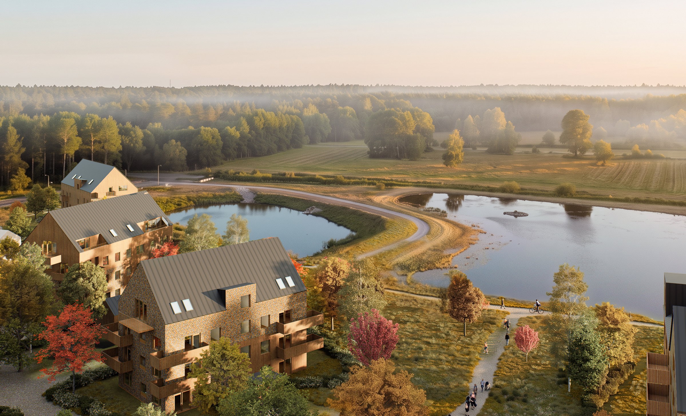 Lakeside residential buildings beside ponds, paths, fields, and misty woodland.