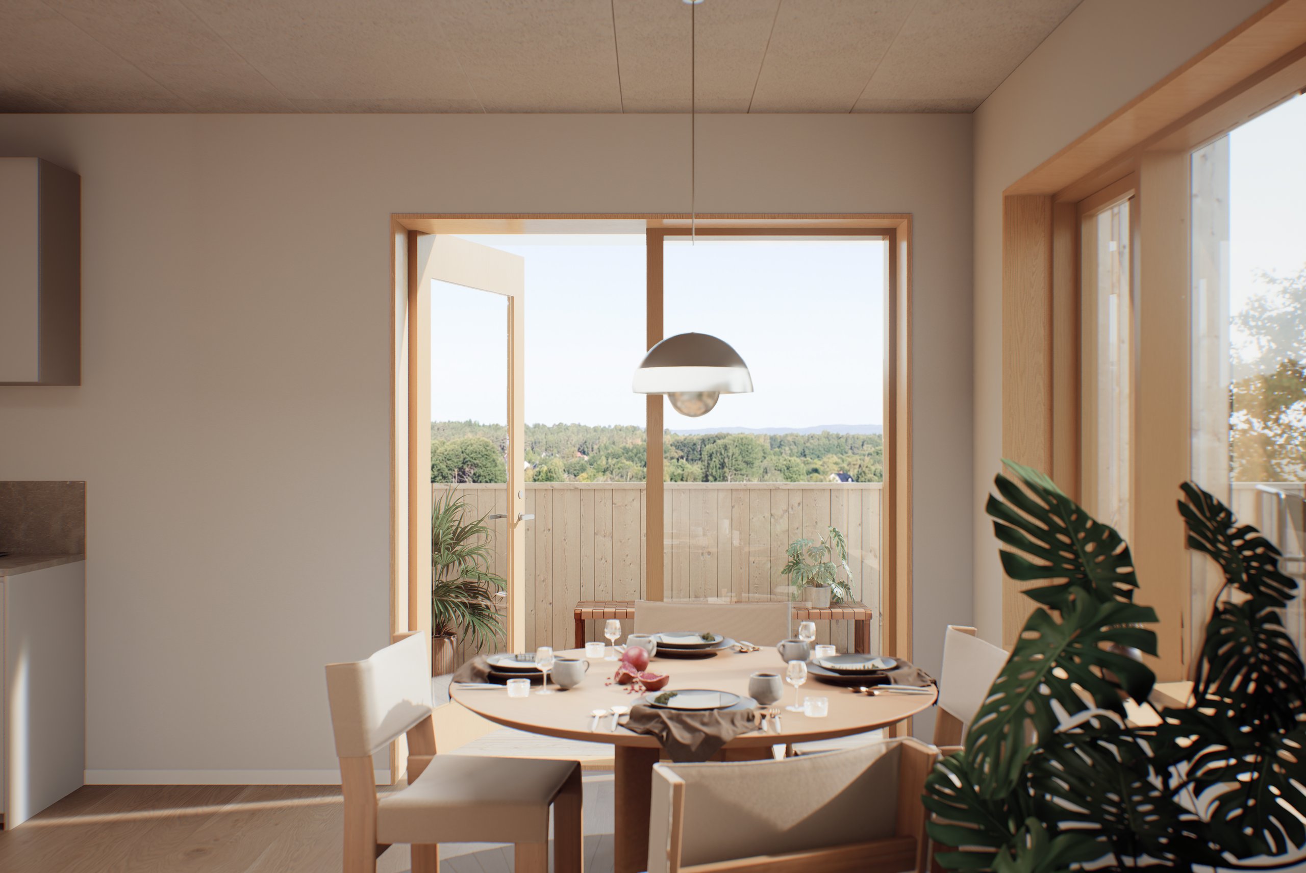 Sunlit dining room with a set table, large windows, plants, and a wooded view.